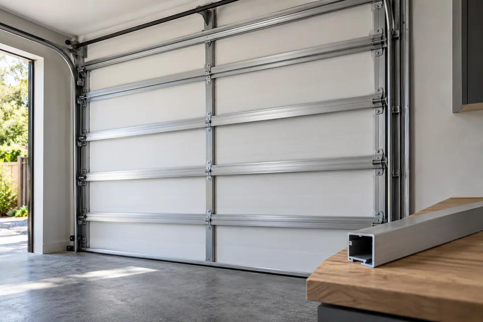 Interior garage view with sectional panels, side tracks and an aluminum sample