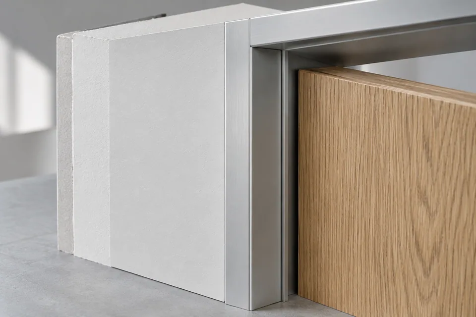 Physical mockup of an aluminum jamb meeting a finished interior wall