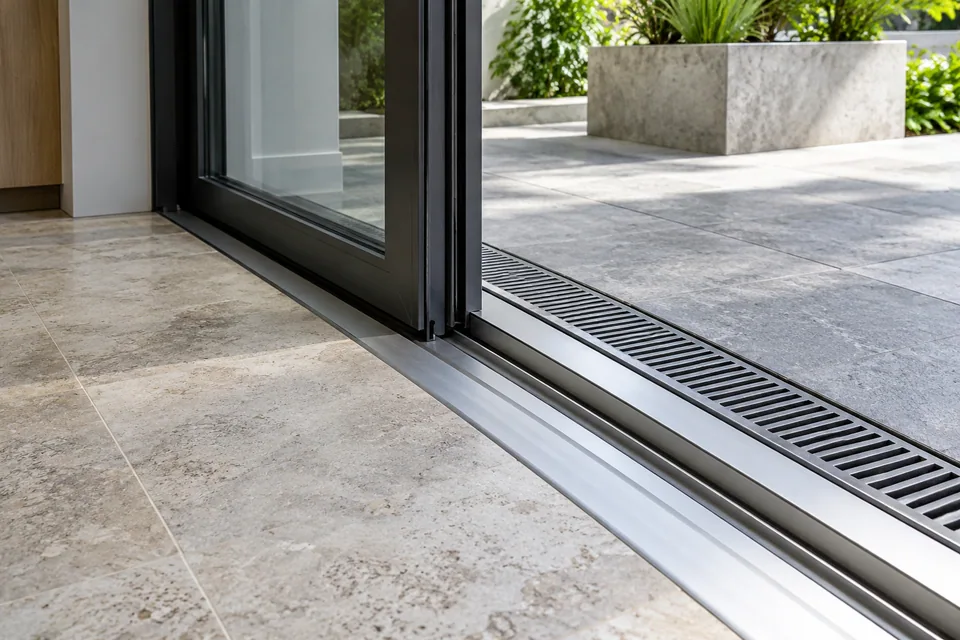 Patio door sill and adjacent terrace drainage channel