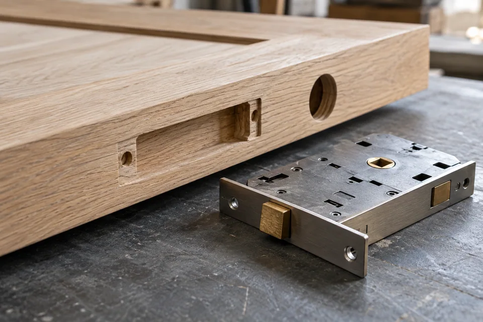 Prepared lock pocket in a wooden leaf with the lock placed alongside