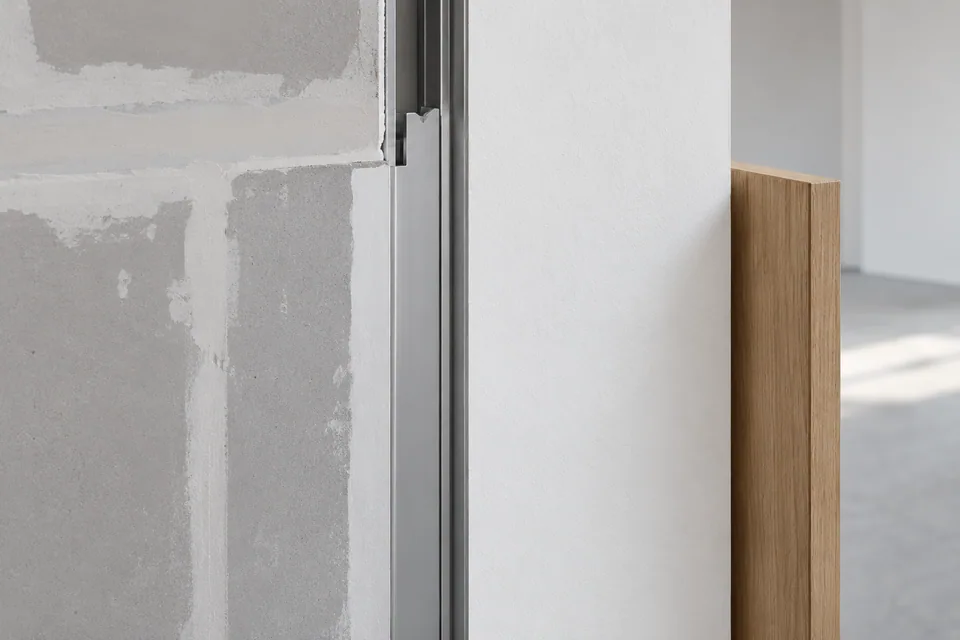 Concealed frame mockup showing the wall-finish junction