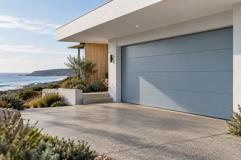 Sheltered garage opening on a coastal facade