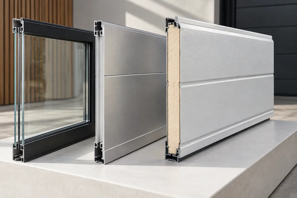 Glazed, aluminum and layered steel garage panel samples