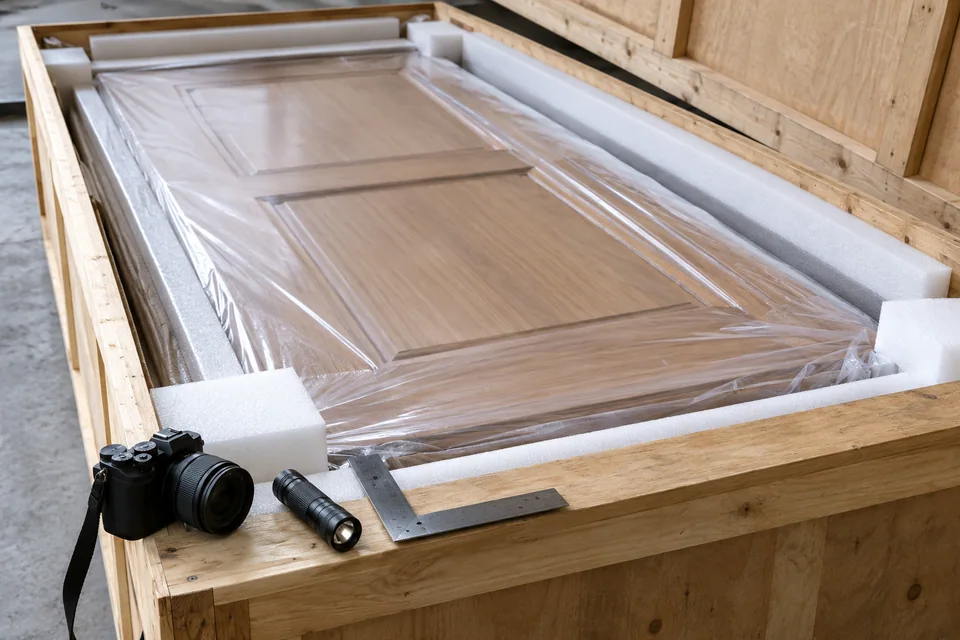 Protected door in an open crate with inspection tools alongside