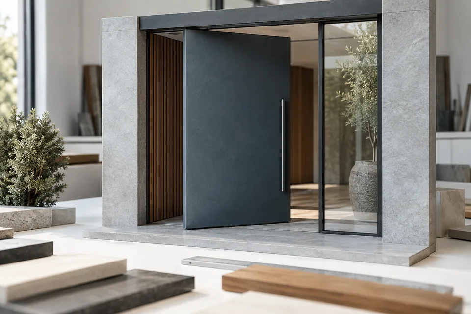 Pivot entrance model showing the leaf, sidelight and offset opening position