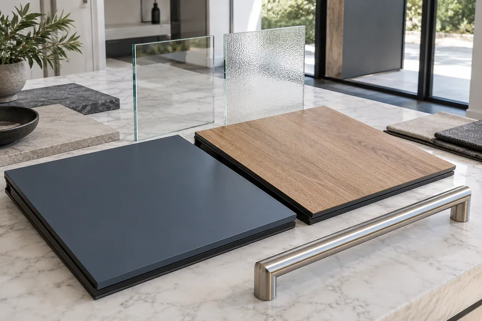 Door surface panels, glazing samples and a long pull handle
