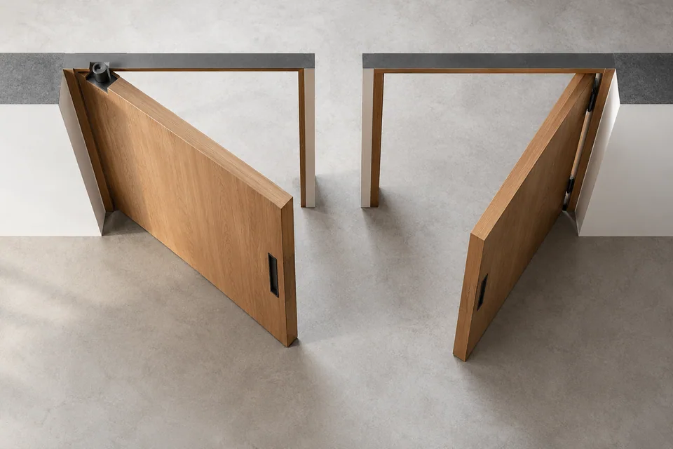 Door movement models showing pivot and hinged arrangements