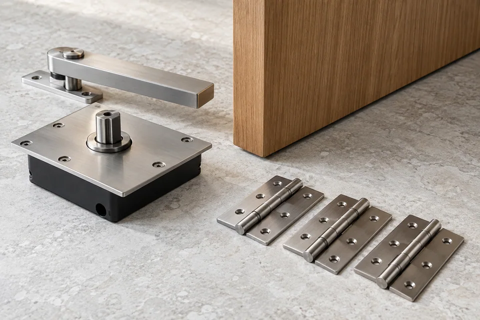 Pivot hardware and side hinges beside a door construction sample