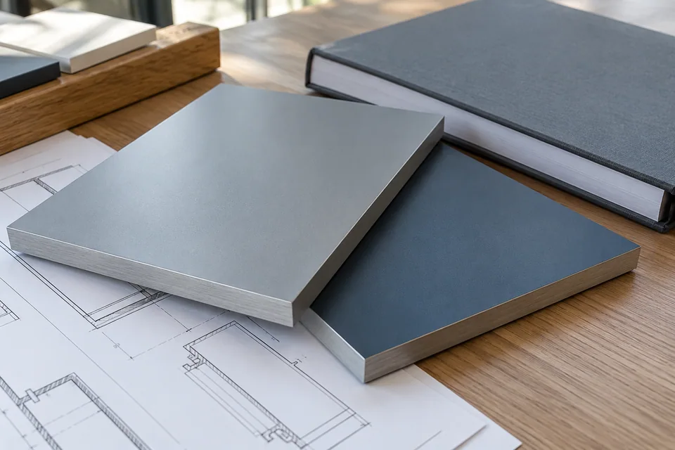 Coated aluminum samples beside an unmarked technical dossier