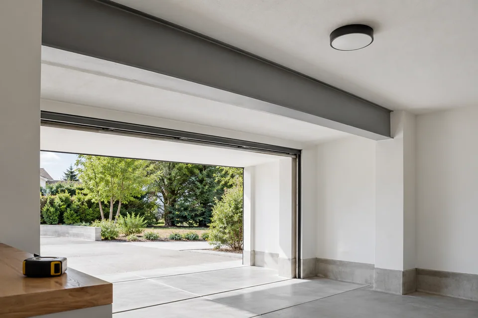 Garage opening and overhead obstructions visible for survey