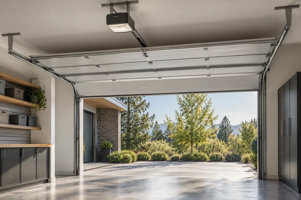 Sectional garage door tracks and operator space