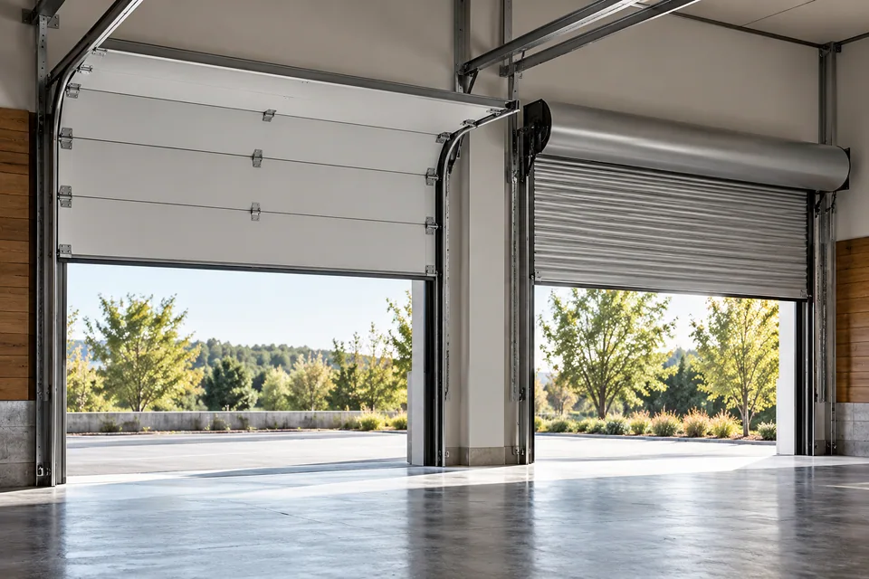 Sectional overhead travel beside a compact rolling curtain arrangement
