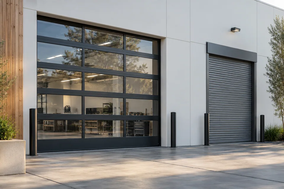 Glazed sectional workshop opening beside a service-bay rolling shutter