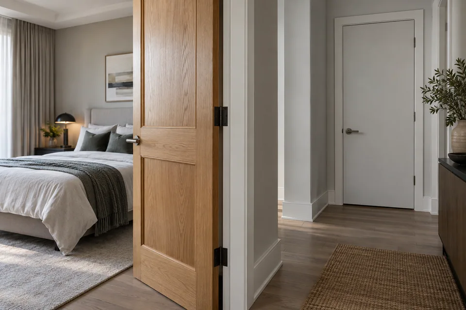 Bedroom and service-room doors within a coordinated interior