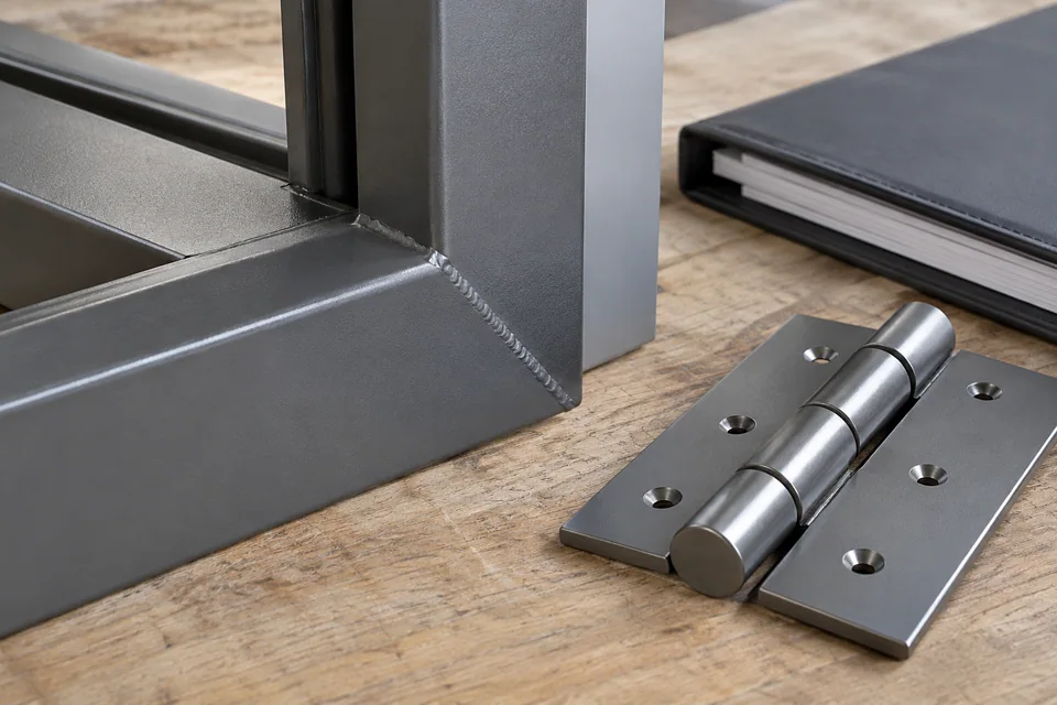 Coated steel corner and hardware sample beside the finish record