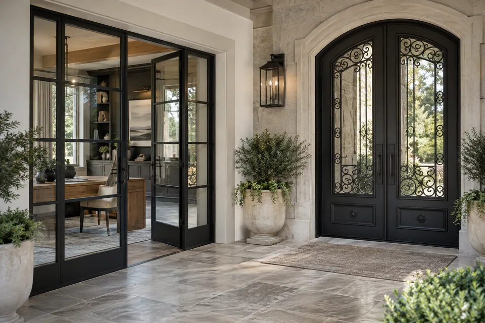 Slim steel French divider and substantial ornamental entrance display