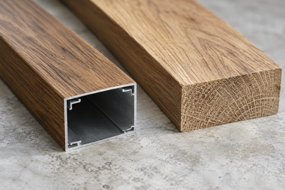 Wood-look aluminum batten beside real timber with exposed end grain