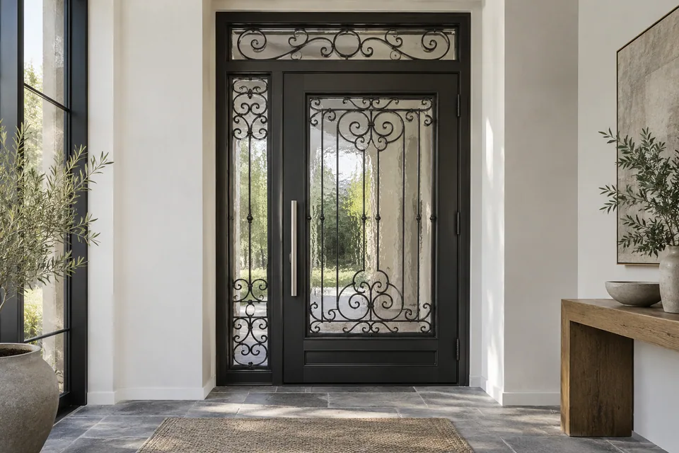 Iron entry assembly including sidelight, transom and hardware