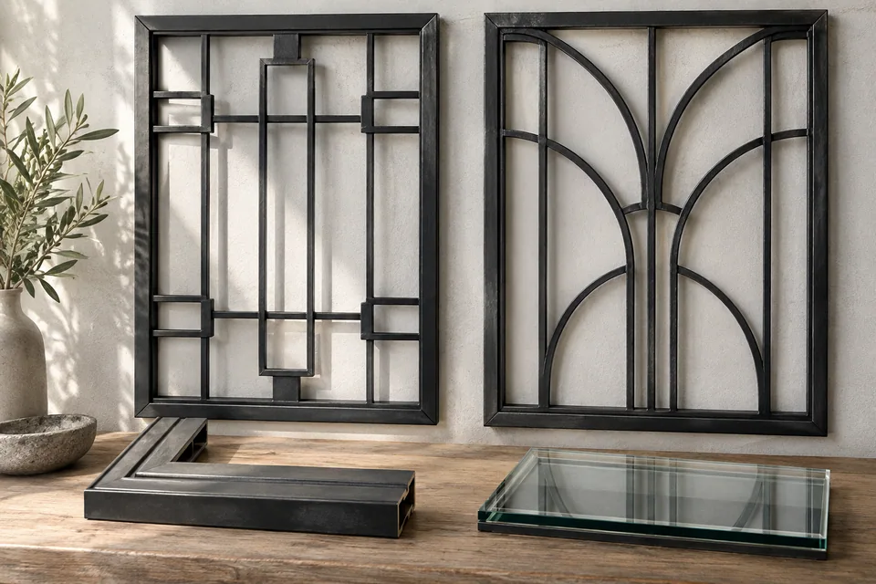 Simple and curved ironwork patterns with matching frame and glass samples