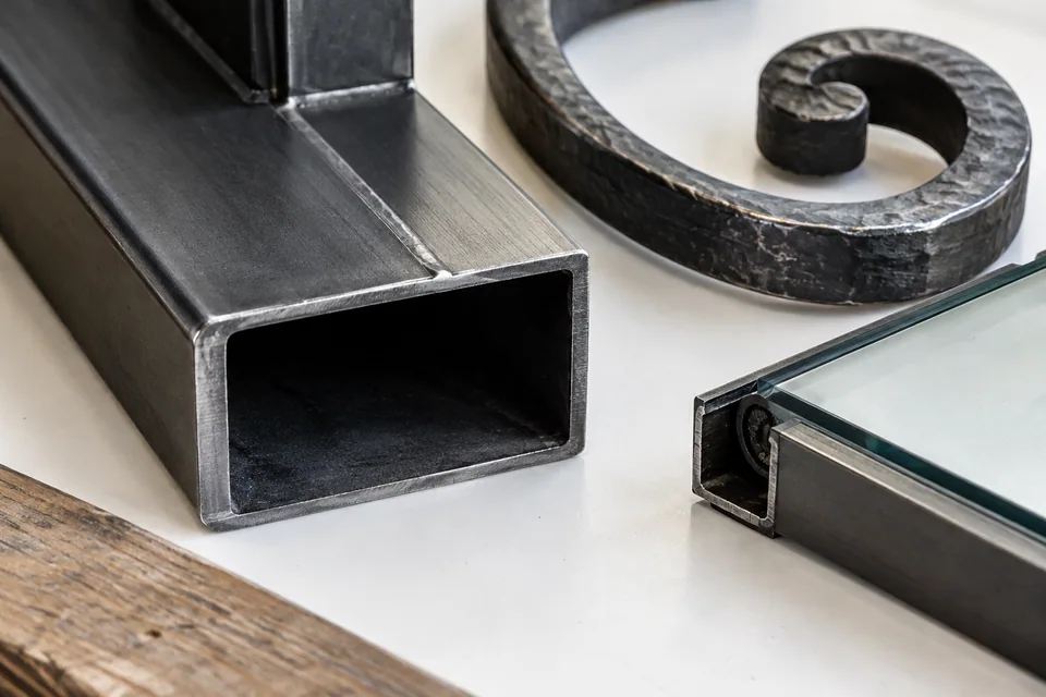 Steel frame profile, forged decorative bar and glazing retention sample