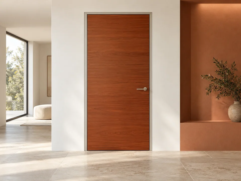 Interior door with a wooden leaf and discreet frame